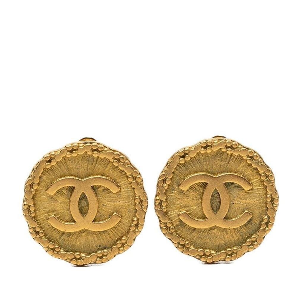 Chanel CC Logo Vintage Round Earrings 95P Gold Plated GP